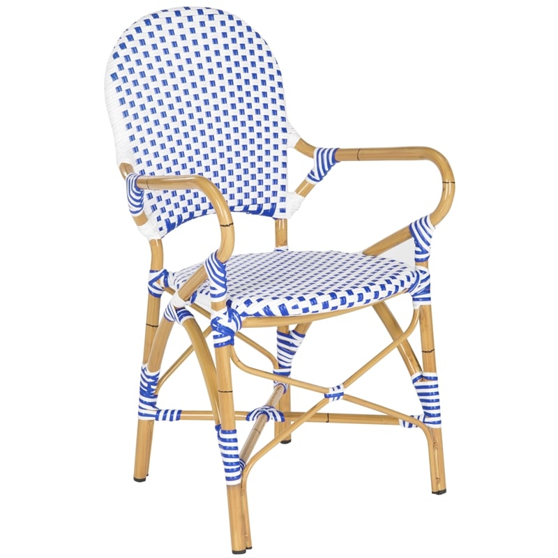 Pemberly Row Rattan Indoor/Outdoor Arm Chairs in Blue and White (Set of 2)