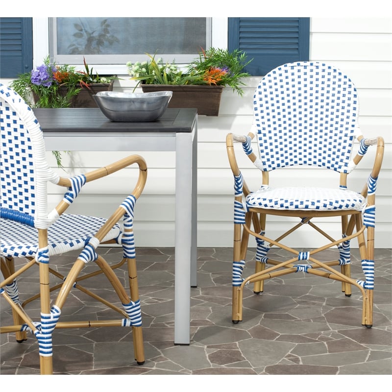 Pemberly Row Rattan Indoor/Outdoor Arm Chairs in Blue and White (Set of 2)