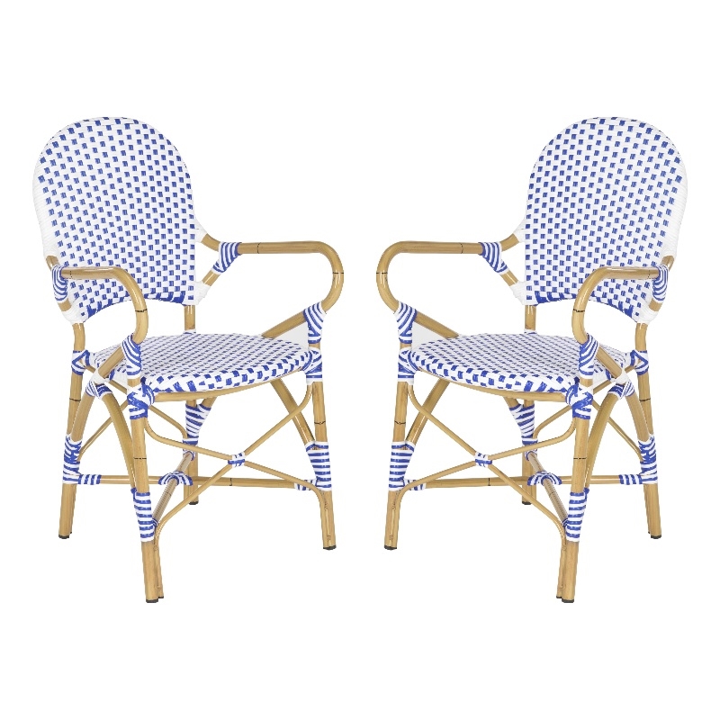 Pemberly Row Rattan Indoor/Outdoor Arm Chairs in Blue and White (Set of 2)