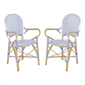 Pemberly Row Rattan Indoor/Outdoor Arm Chairs in Blue and White (Set of 2)