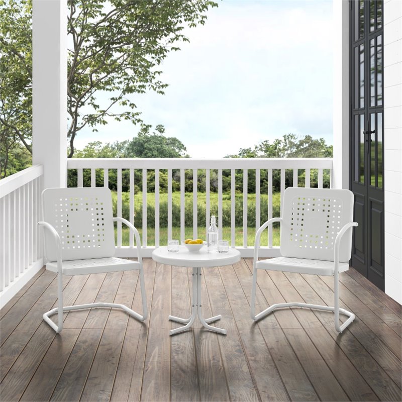 Pemberly Row Contemporary 3 Piece Metal Outdoor Chair Set in White Gloss