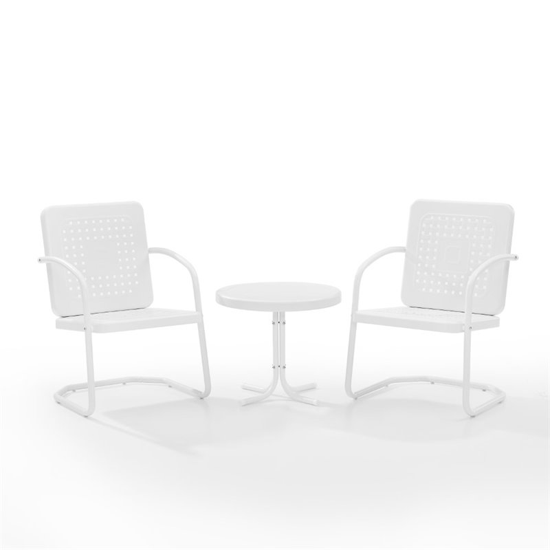 Pemberly Row Contemporary 3 Piece Metal Outdoor Chair Set in White Gloss