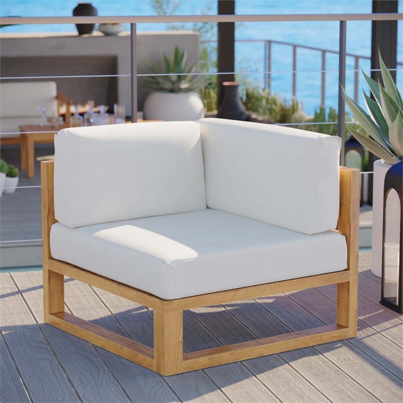 Pemberly Row Modern Solid Teak Wood Outdoor Corner Chair in Natural/White