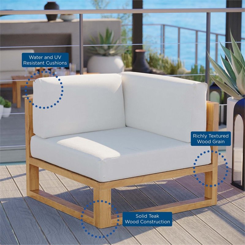 Pemberly Row Modern Solid Teak Wood Outdoor Corner Chair in Natural/White