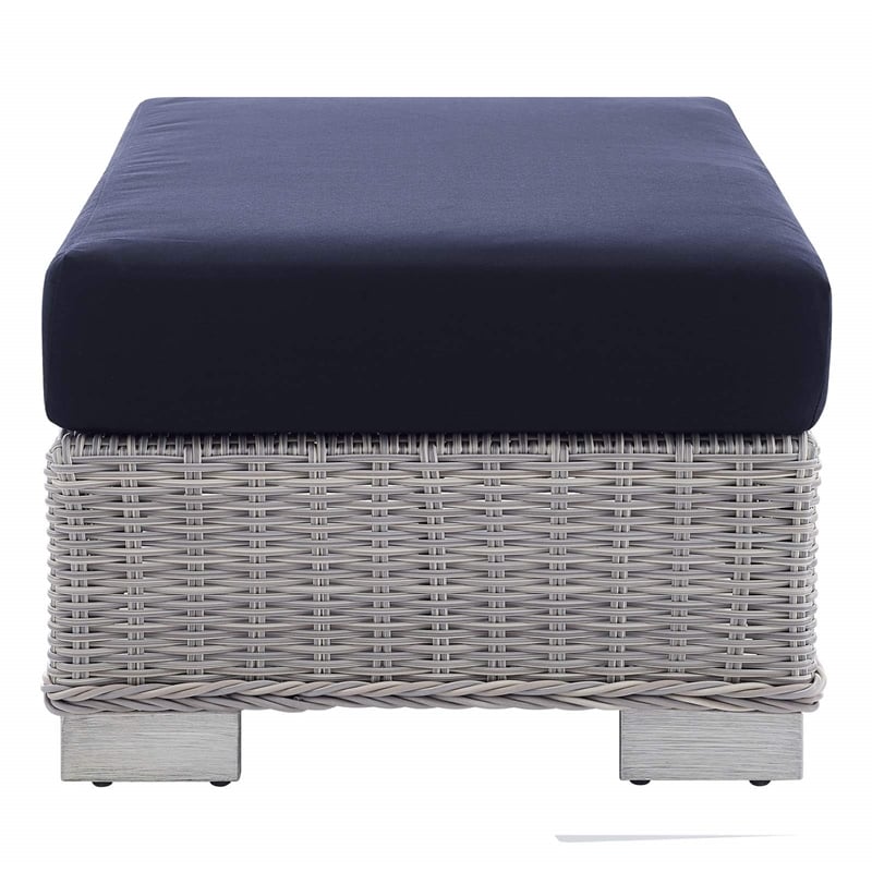 Pemberly Row 2-Piece Fabric/Rattan Patio Armchair & Ottoman Set in Gray/Navy
