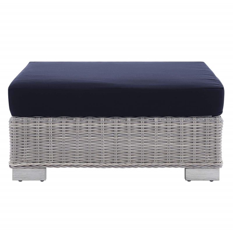 Pemberly Row 2-Piece Fabric/Rattan Patio Armchair & Ottoman Set in Gray/Navy