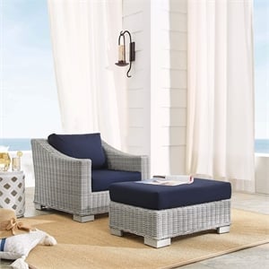 Pemberly Row 2-Piece Fabric/Rattan Patio Armchair & Ottoman Set in Gray/Navy