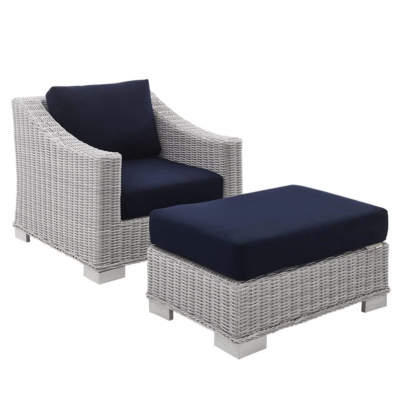 Pemberly Row 2-Piece Fabric/Rattan Patio Armchair & Ottoman Set in Gray/Navy