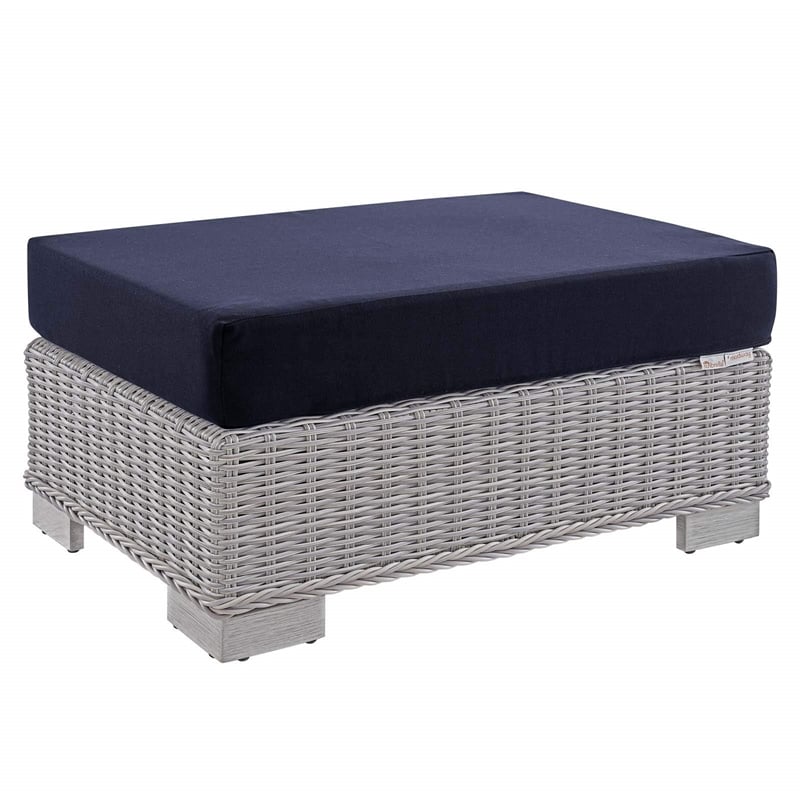 Pemberly Row 2-Piece Fabric/Rattan Patio Armchair & Ottoman Set in Gray/Navy