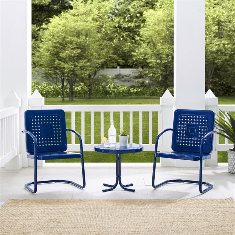 Pemberly Row 3 Piece Metal Patio Conversation Set in Navy and White
