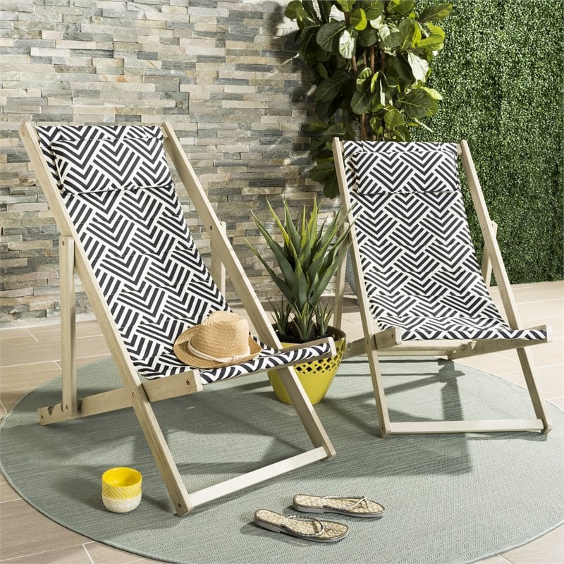 Pemberly Row Eucalyptus Wood Outdoor Sling Chair in Navy and White