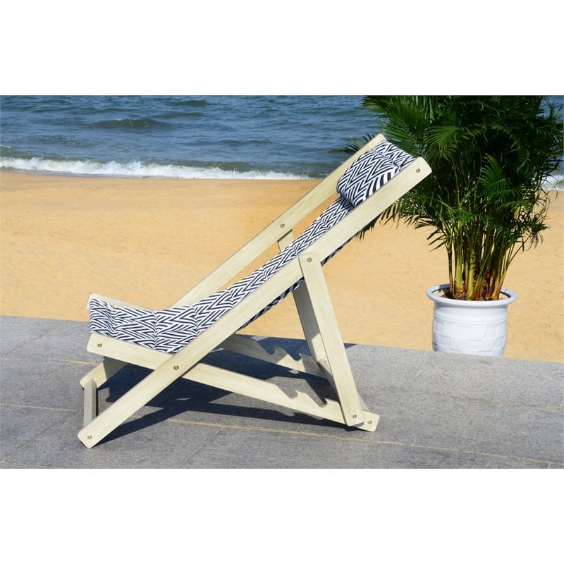 Pemberly Row Eucalyptus Wood Outdoor Sling Chair in Navy and White