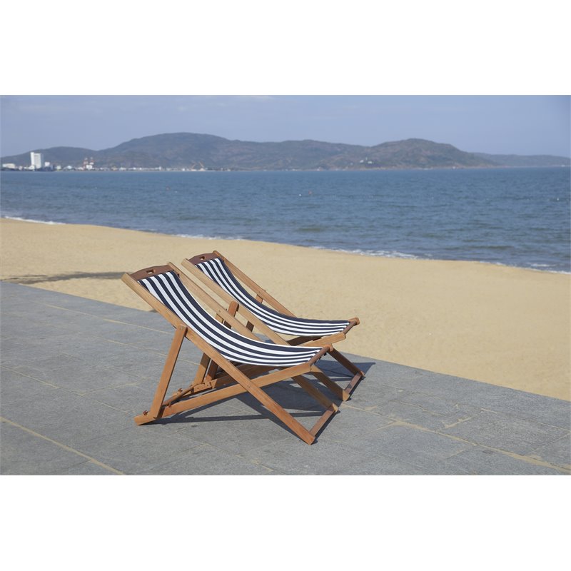 Pemberly Row Eucalyptus Wood Outdoor Sling Chair in Navy and White (Set of 2)