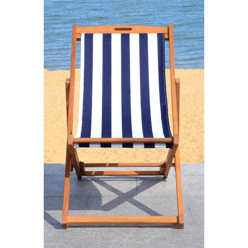 Pemberly Row Eucalyptus Wood Outdoor Sling Chair in Navy and White (Set of 2)