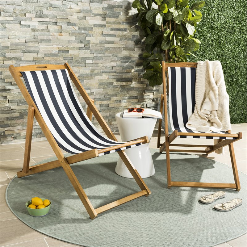 Pemberly Row Eucalyptus Wood Outdoor Sling Chair in Navy and White (Set of 2)