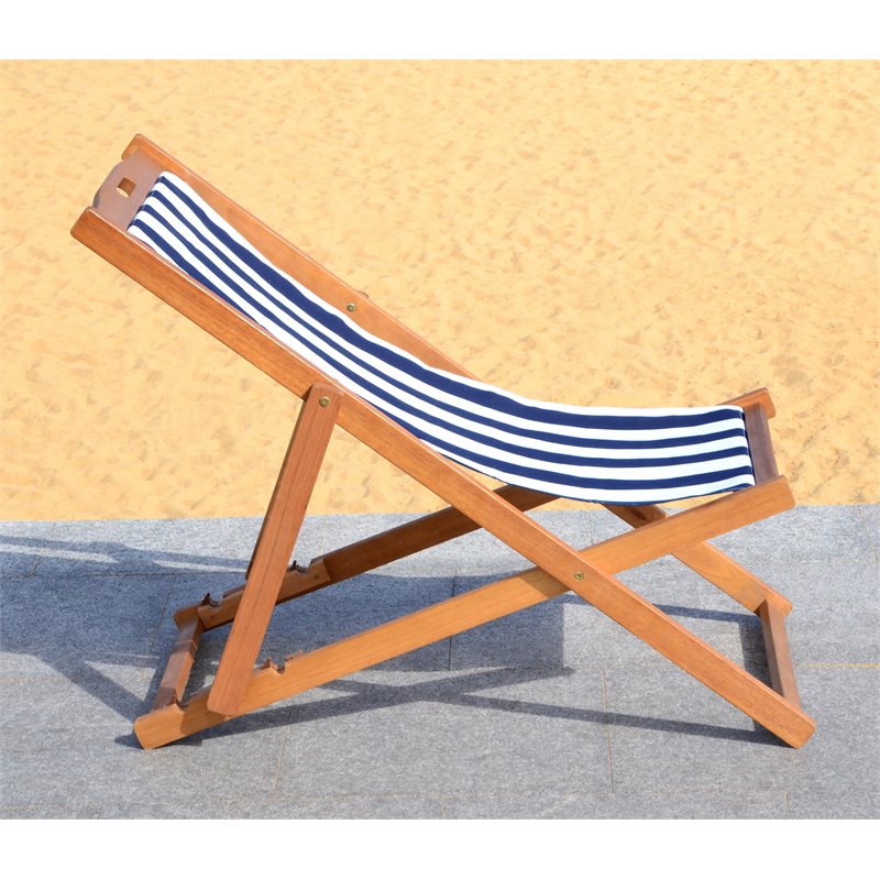 Pemberly Row Eucalyptus Wood Outdoor Sling Chair in Navy and White (Set of 2)