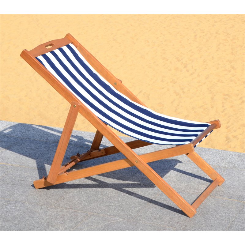 Pemberly Row Eucalyptus Wood Outdoor Sling Chair in Navy and White (Set of 2)