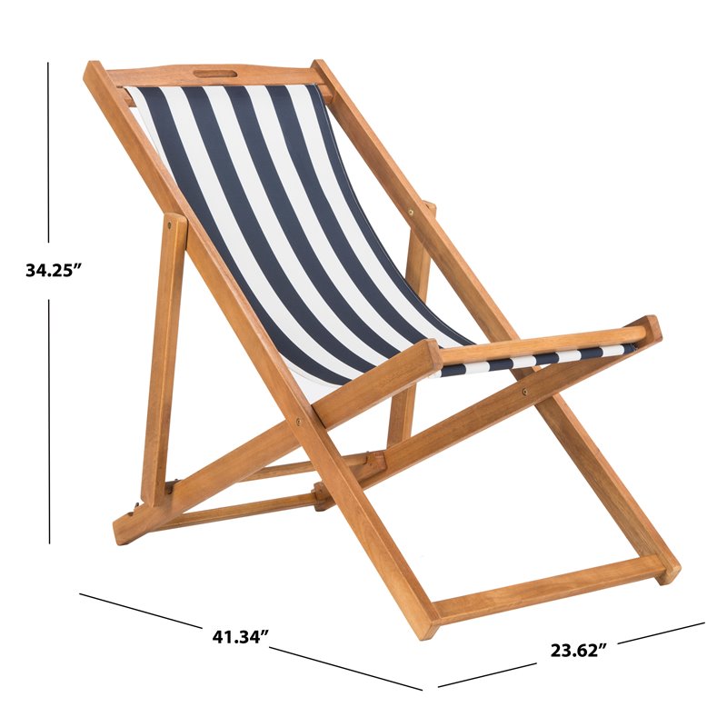 Pemberly Row Eucalyptus Wood Outdoor Sling Chair in Navy and White (Set of 2)