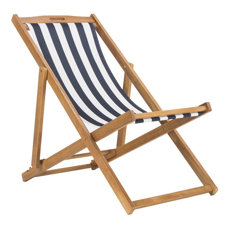 Pemberly Row Eucalyptus Wood Outdoor Sling Chair in Navy and White (Set of 2)