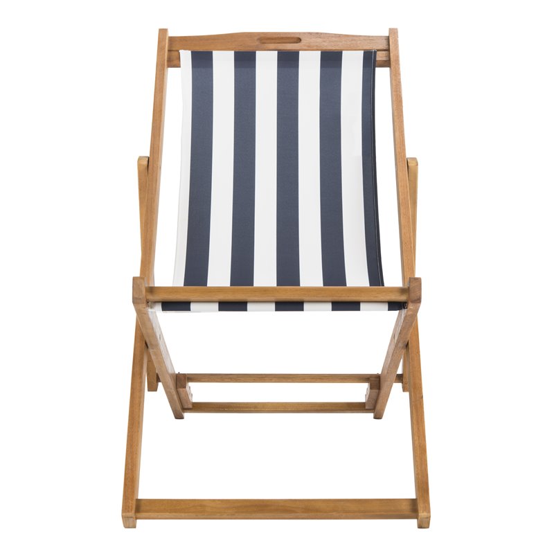 Pemberly Row Eucalyptus Wood Outdoor Sling Chair in Navy and White (Set of 2)