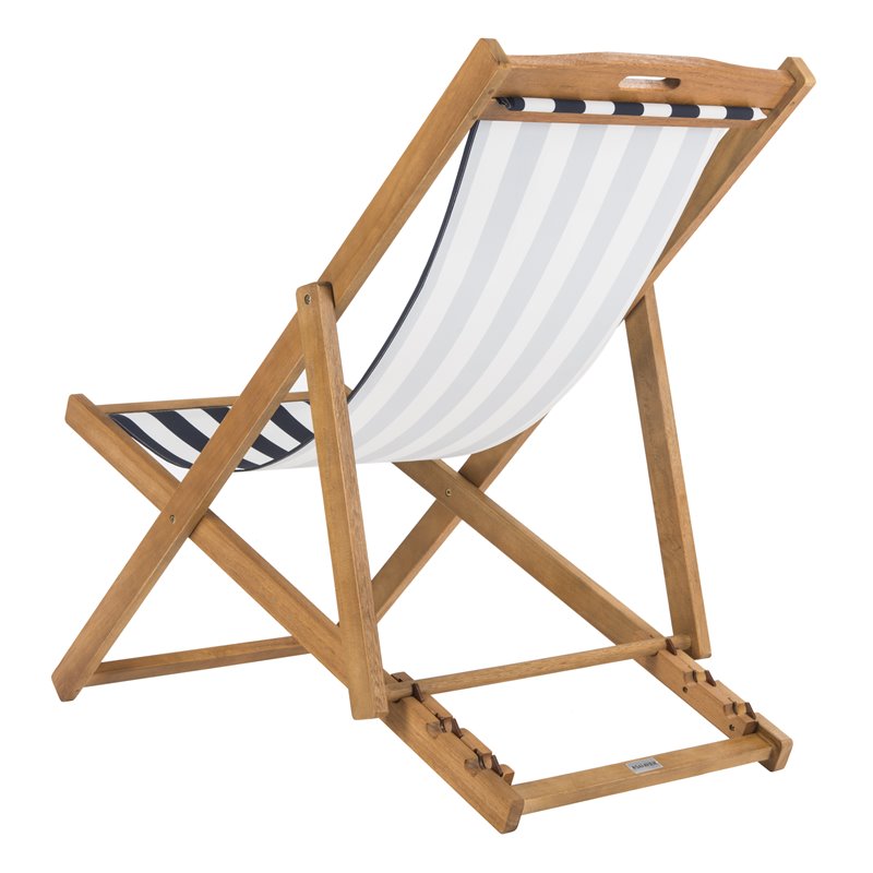 Pemberly Row Eucalyptus Wood Outdoor Sling Chair in Navy and White (Set of 2)