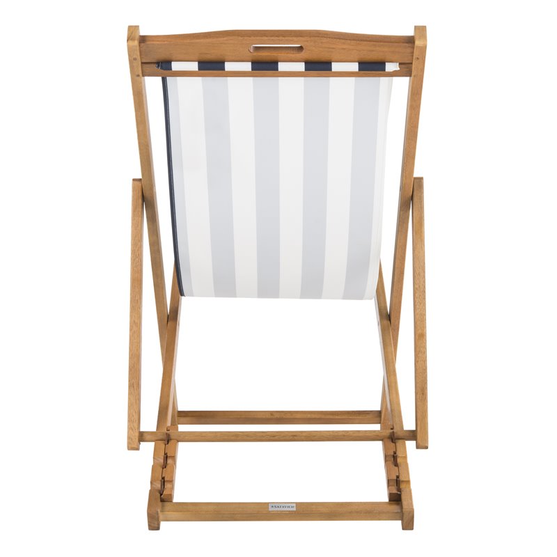 Pemberly Row Eucalyptus Wood Outdoor Sling Chair in Navy and White (Set of 2)