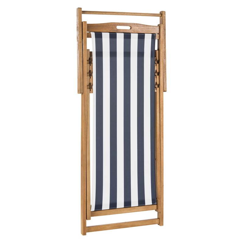 Pemberly Row Eucalyptus Wood Outdoor Sling Chair in Navy and White (Set of 2)