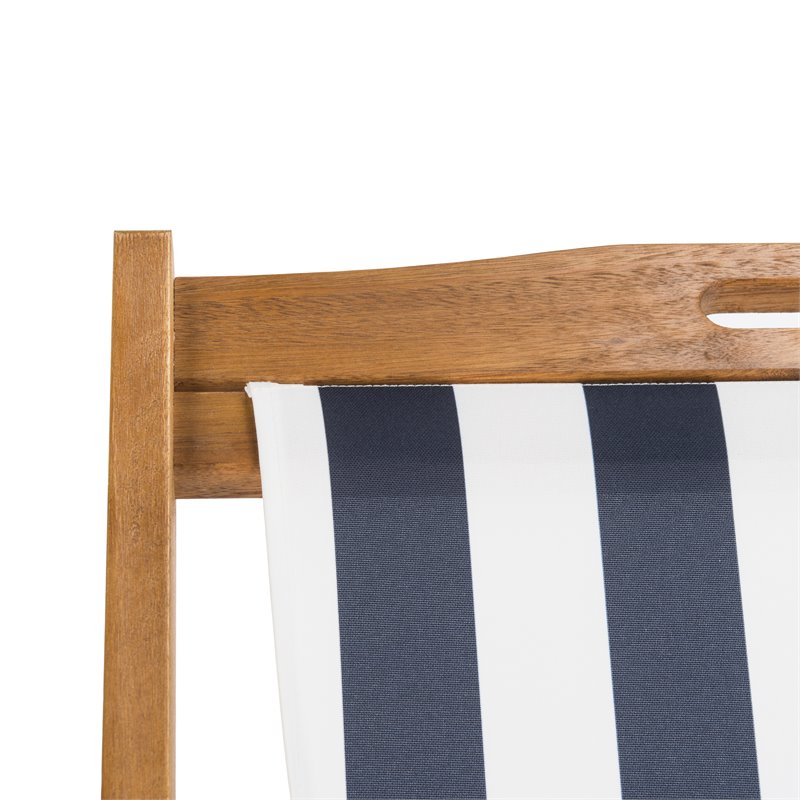 Pemberly Row Eucalyptus Wood Outdoor Sling Chair in Navy and White (Set of 2)