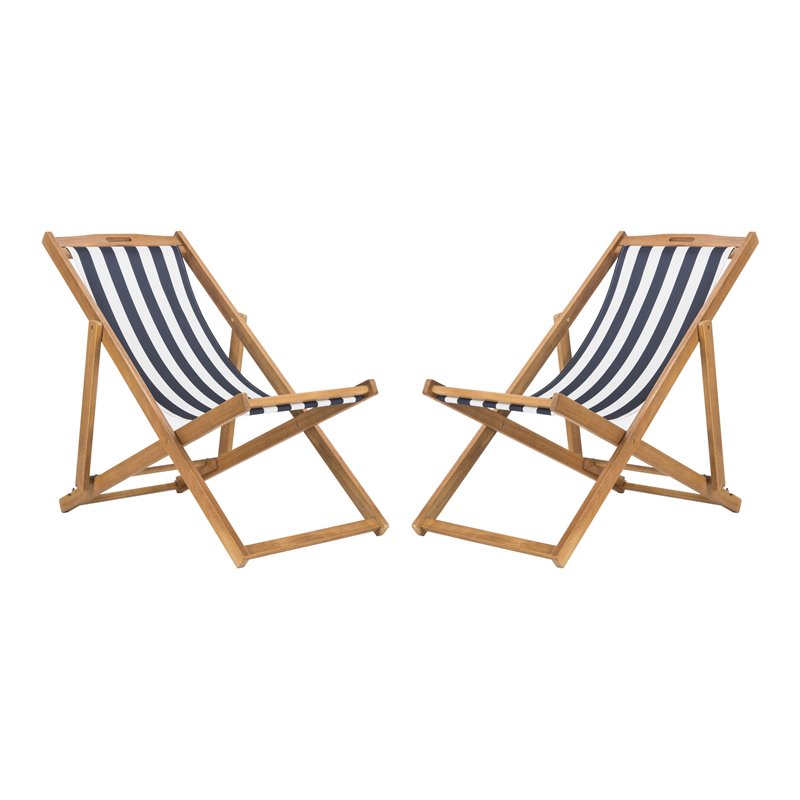 Pemberly Row Eucalyptus Wood Outdoor Sling Chair in Navy and White (Set of 2)