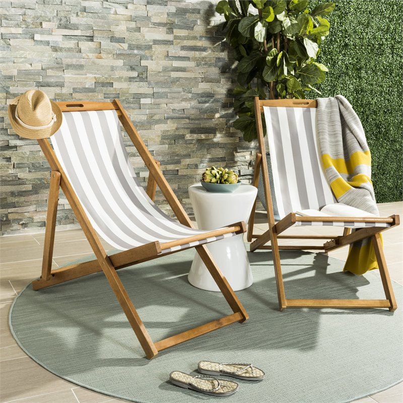 Pemberly Row Eucalyptus Wood Outdoor Sling Chair in Gray and White (Set of 2)