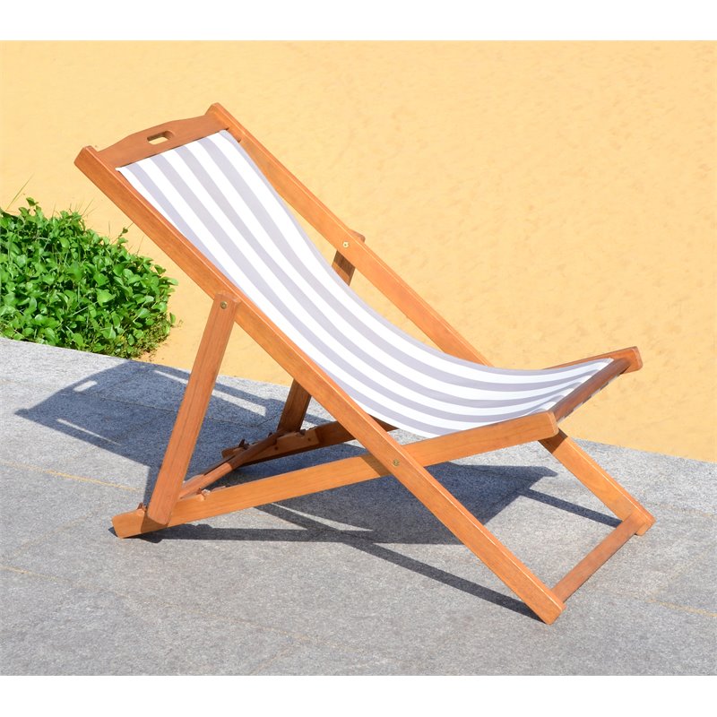 Pemberly Row Eucalyptus Wood Outdoor Sling Chair in Gray and White (Set of 2)