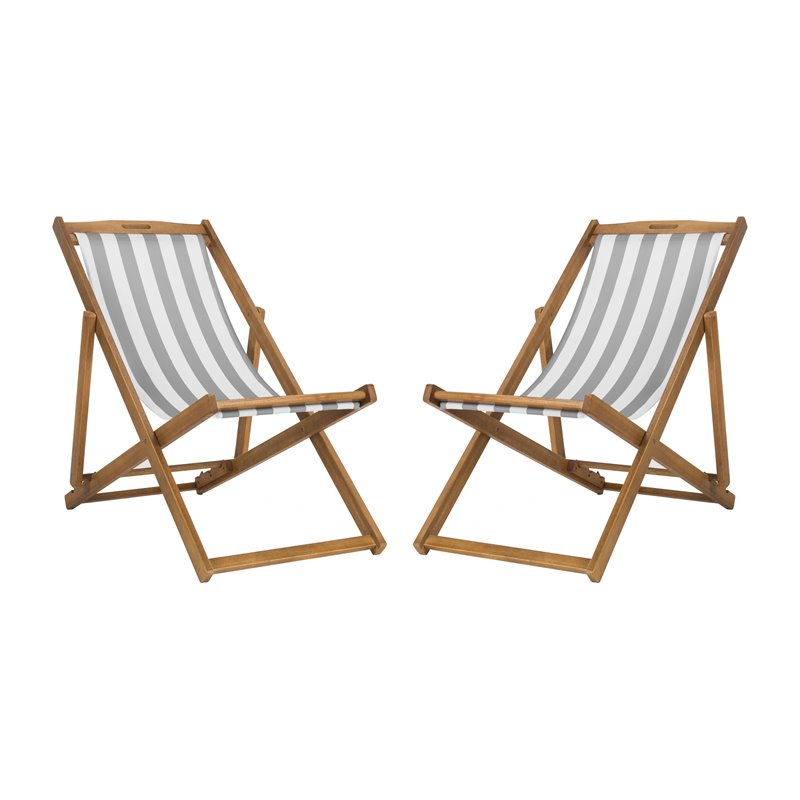 Pemberly Row Eucalyptus Wood Outdoor Sling Chair in Gray and White (Set of 2)
