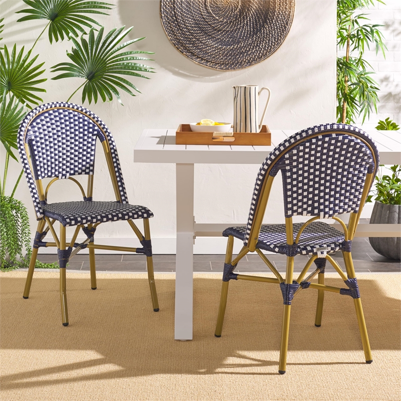 Pemberly Row Rattan Indoor/Outdoor Side Chairs in Navy/White (Set of 2)