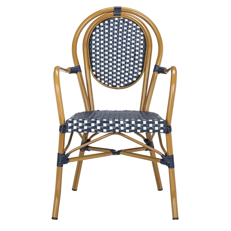 Pemberly Row Wicker / Rattan Outdoor Arm Chairs in Navy and White (Set of 2)