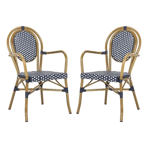 Pemberly Row Wicker / Rattan Outdoor Arm Chairs in Navy and White (Set of 2)