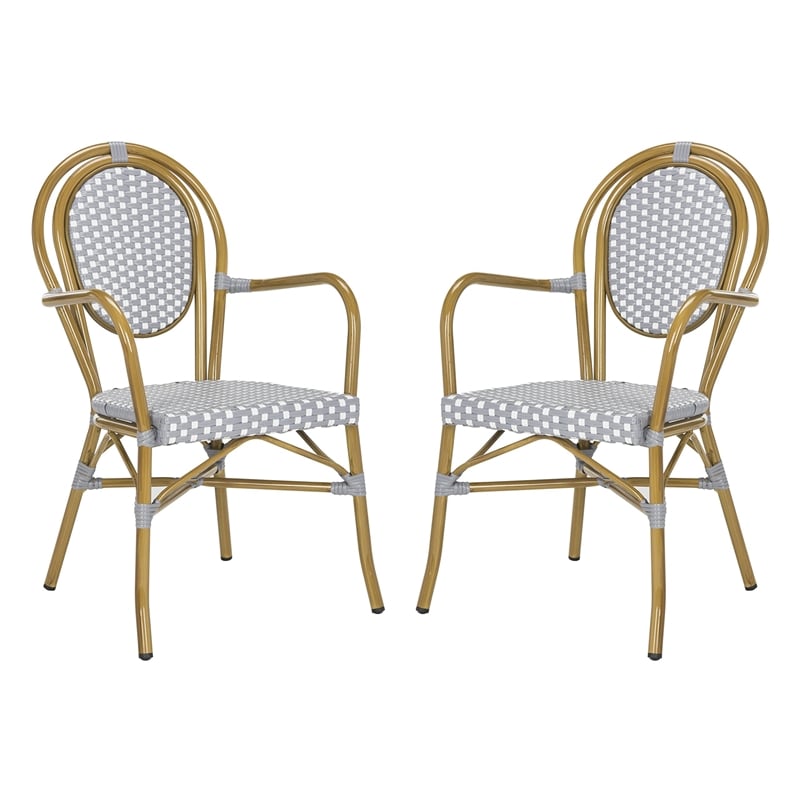 Pemberly Row Wicker / Rattan Outdoor Arm Chairs in Gray and White (Set of 2)