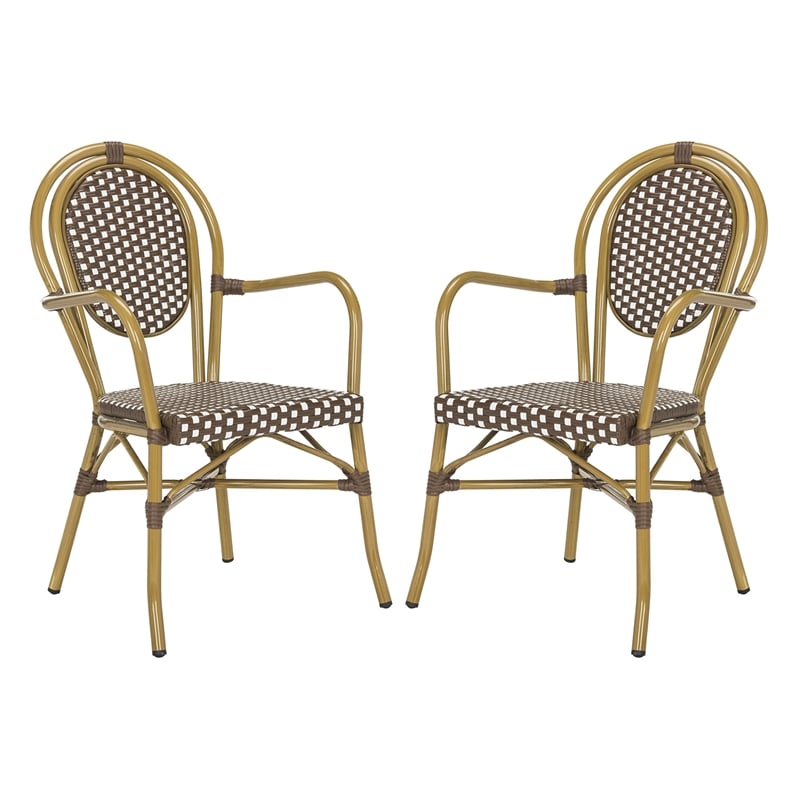 Pemberly Row Wicker / Rattan Outdoor Arm Chairs in Brown and White (Set of 2)