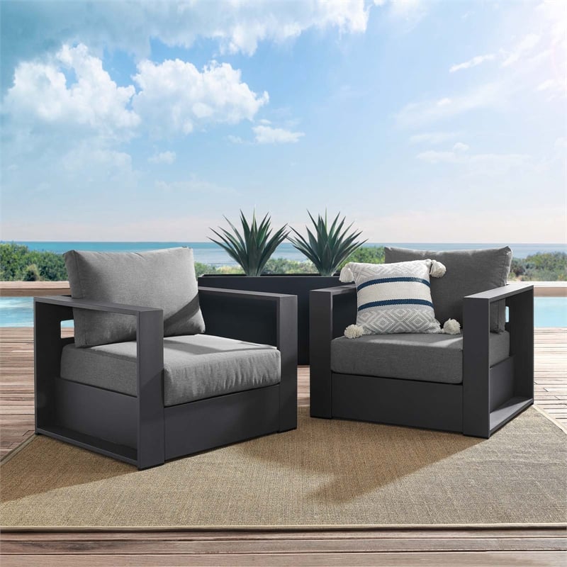 Pemberly Row Fabric & Aluminum Outdoor Armchair in Charcoal/Gray (Set of 2)