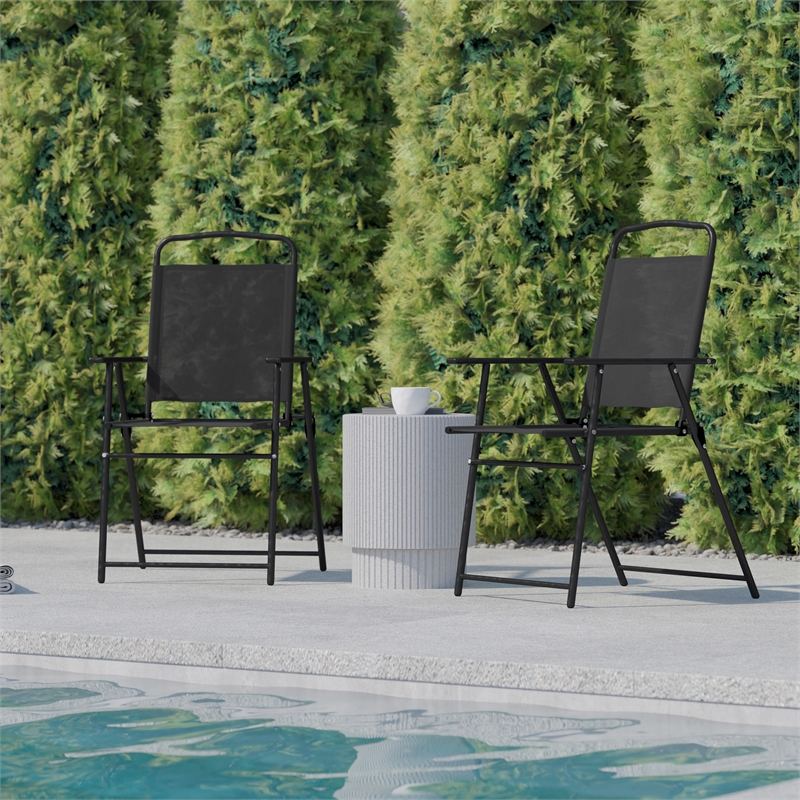 Pemberly Row Metal Patio Sling Chairs with Armrest in Black (Set of 2)