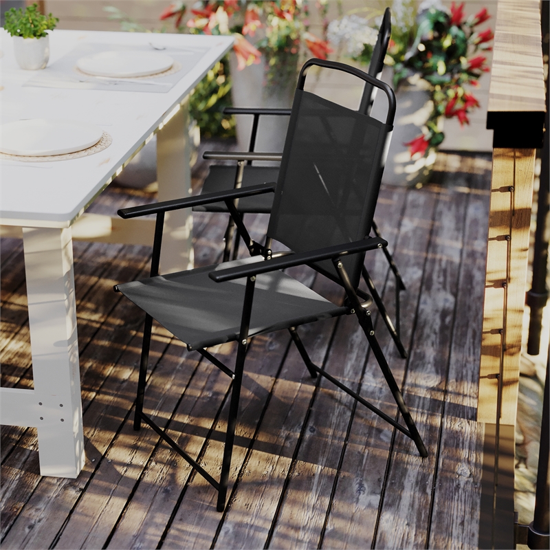 Pemberly Row Metal Patio Sling Chairs with Armrest in Black (Set of 2)