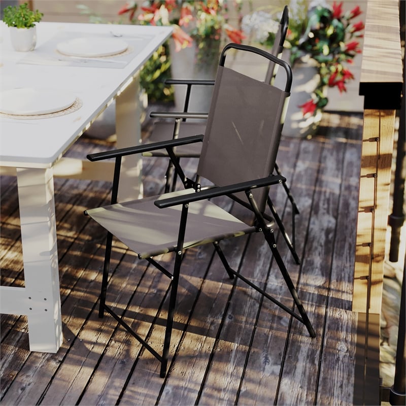 Pemberly Row Metal Patio Sling Chairs with Armrest in Brown (Set of 2)