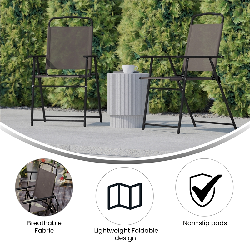 Pemberly Row Metal Patio Sling Chairs with Armrest in Brown (Set of 2)