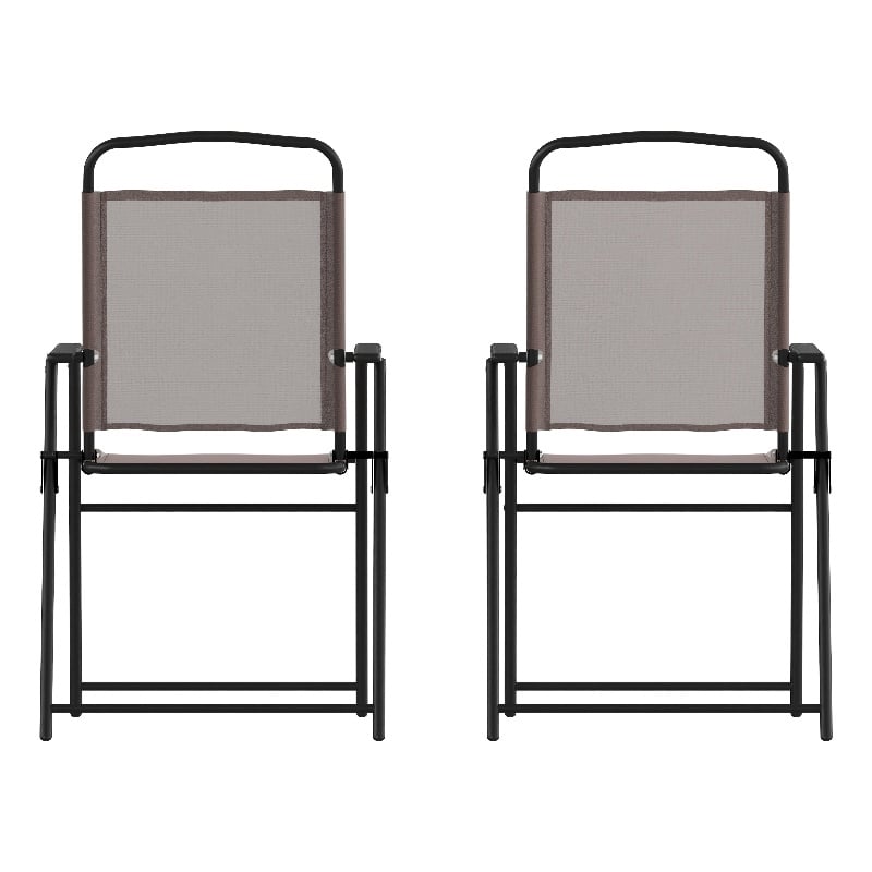 Pemberly Row Metal Patio Sling Chairs with Armrest in Brown (Set of 2)
