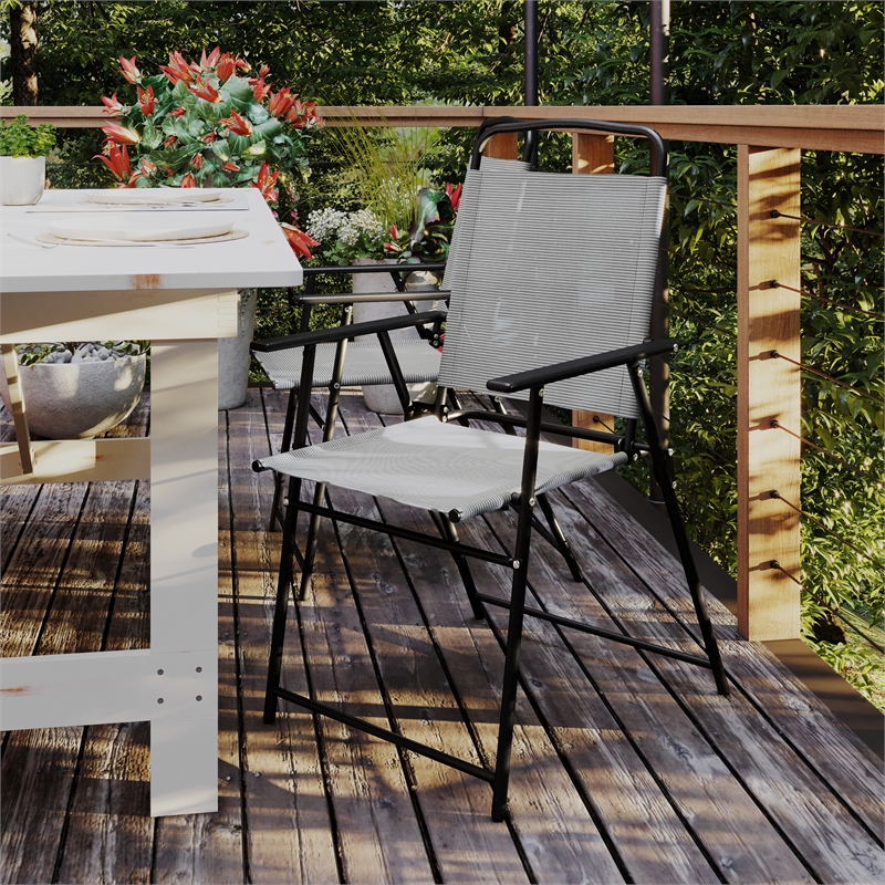Pemberly Row Metal Patio Sling Chairs with Armrests in Gray (Set of 2)