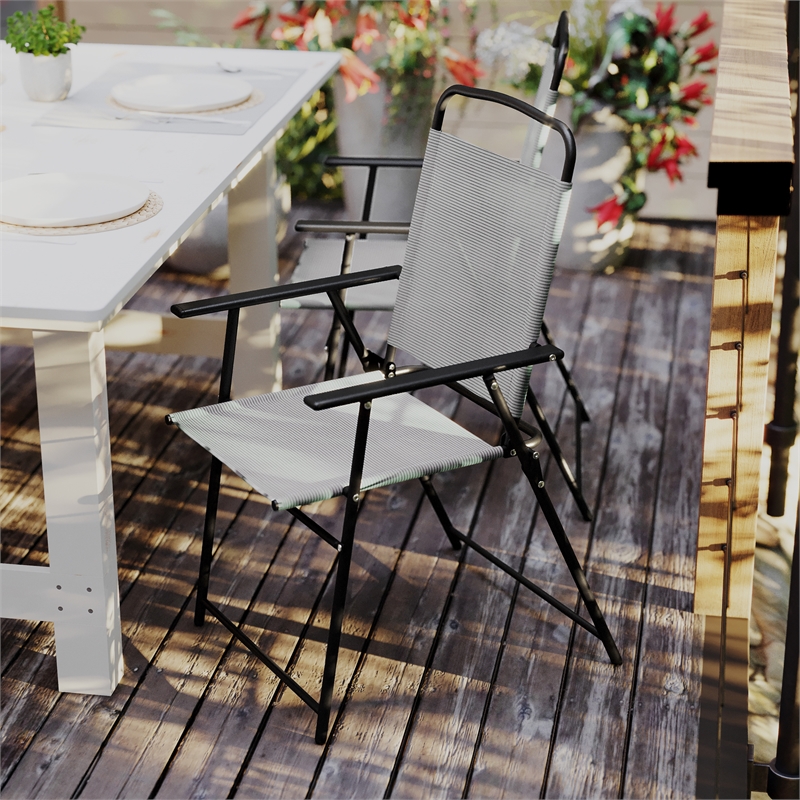 Pemberly Row Metal Patio Sling Chairs with Armrests in Gray (Set of 2)