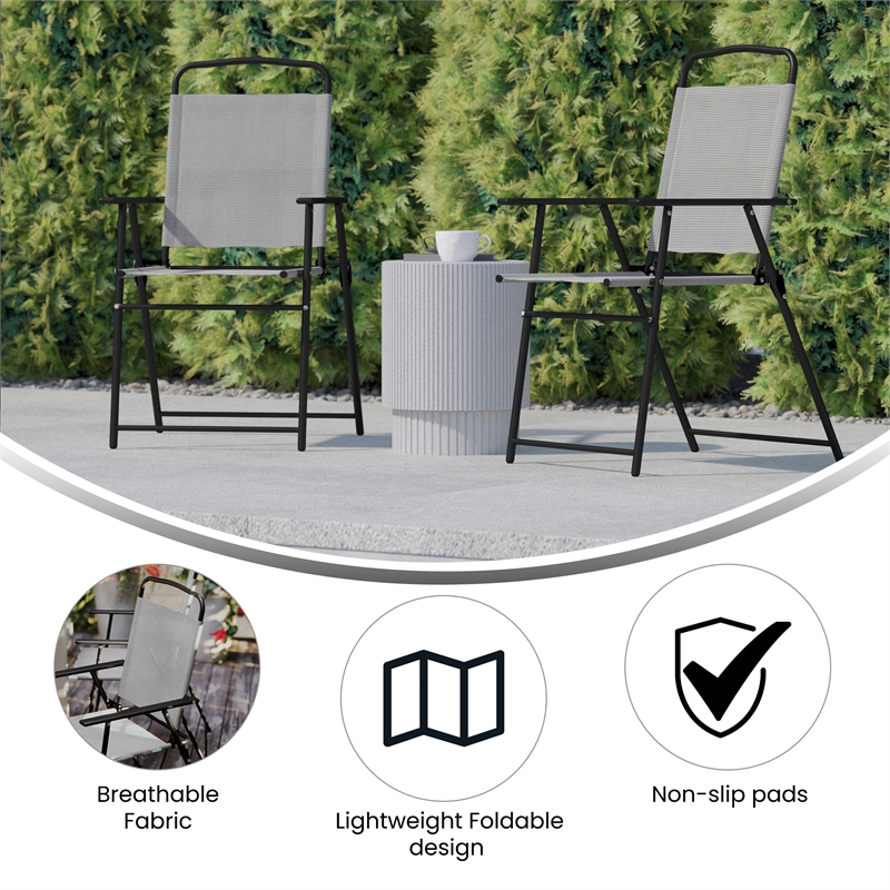 Pemberly Row Metal Patio Sling Chairs with Armrests in Gray (Set of 2)