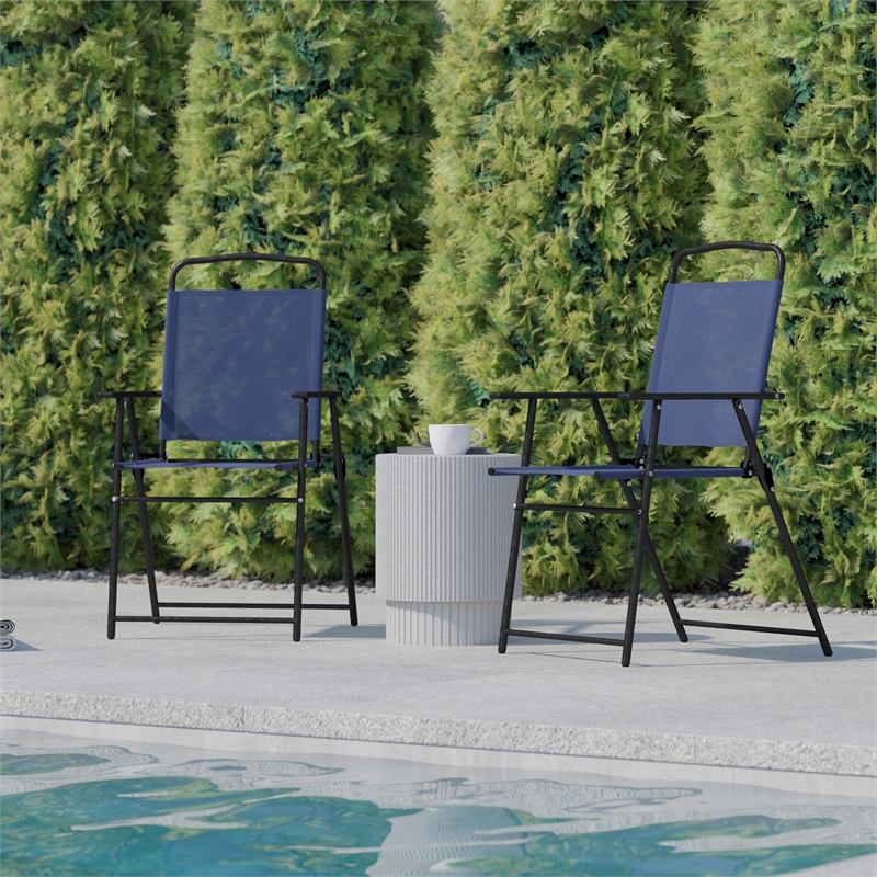 Pemberly Row Metal Patio Sling Chairs with Armrests in Navy (Set of 2)