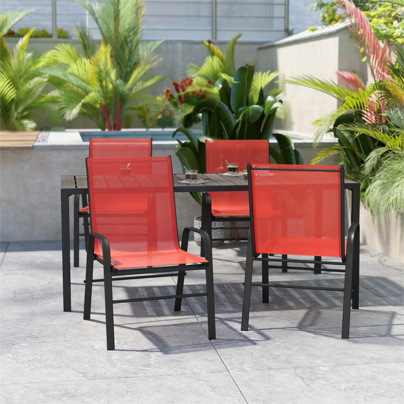 Pemberly Row Contemporary Metal Patio Stack Chair in Red (Set of 4)