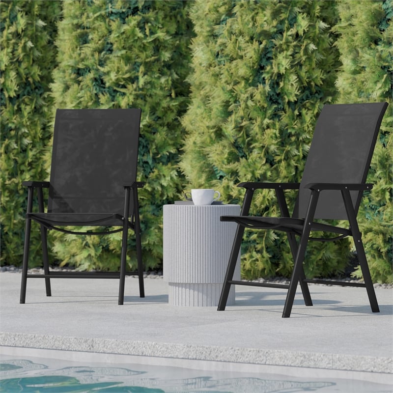 Pemberly Row Metal Folding Patio Sling Chair in Black (Set of2)