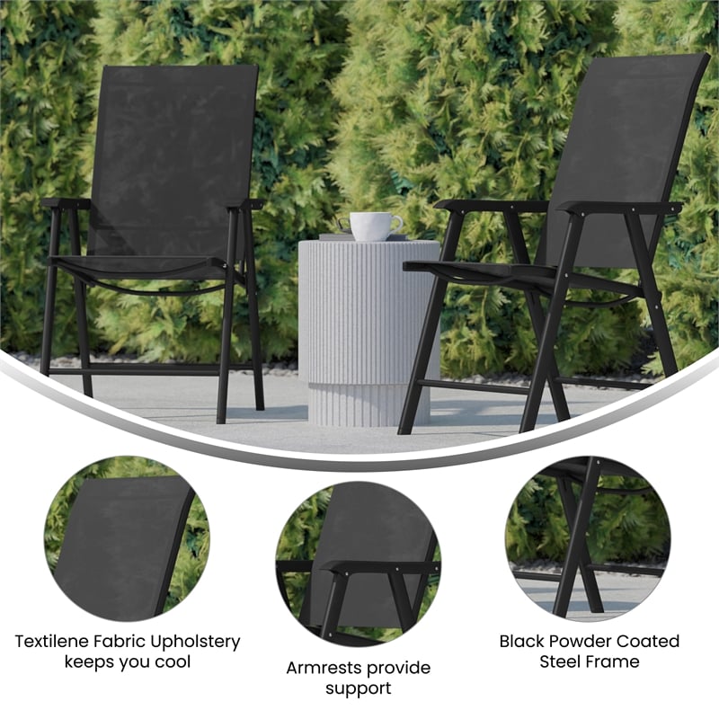 Pemberly Row Metal Folding Patio Sling Chair in Black (Set of2)